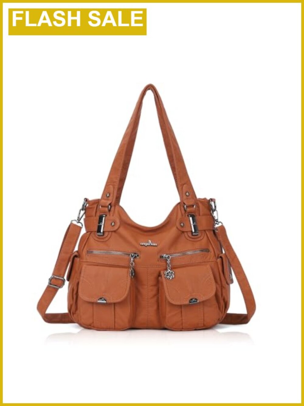 Large Washed PU Leather Hobo Shoulder Bag with Double Zipper and Multi Pockets